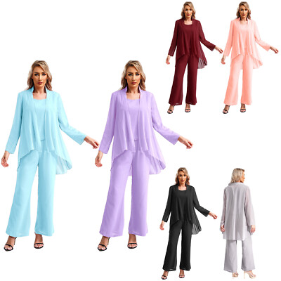 DE Damen Festlich Chiffon Anzug Set Tops + Cardigen + Hosen  For Hochzeit Party