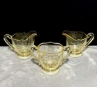 Vintage Yellow Topaz Jubilee Sugar Bowl & 2 Creamers 1930 Etched Lancaster Glass