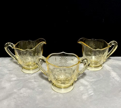 Vintage Yellow Topaz Jubilee Sugar Bowl & 2 Creamers 1930 Etched Lancaster Glass