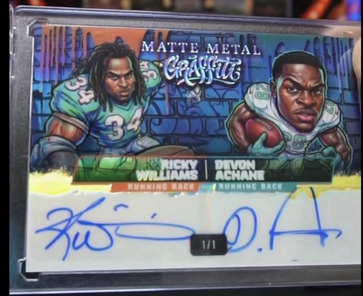 Ricky Williams Devon Achane 1/1 Graffiti Wild Card Matte Metal 2026 Dual Auto🏈