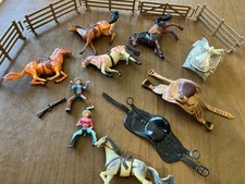 Vintage Small Plastic Rubber Horse Figurines, Saddles, Cowboys, Fencing, Gun