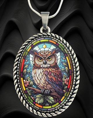 OWL FAUX STAINED GLASS NECKLACE TOP QUALITY /B11