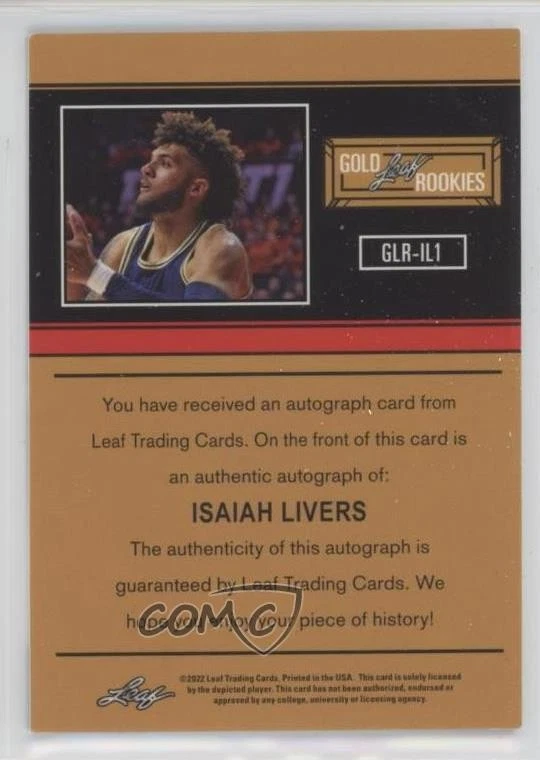2021-22 Leaf Memories 1991 Gold Rookies Green Spectrum /50 Isaiah Livers Auto RC - Image 2 of 2