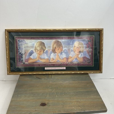 Vintage Homco 3 Angels / Sisters Girls Framed Picture MATTHEW 18:20 Gold Green
