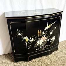 Vintage Chinese Hand Painted Black Lacquered Credenza Cabinet
