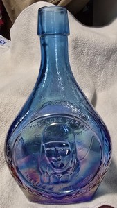 Vintage Wheaton Glass Charles Lindbergh Blue Iridescent Decanter Bottle 8.5"