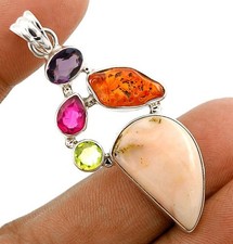 Natural Pink Opal & Multigemstone 925 Solid Sterling Silver Pendant 