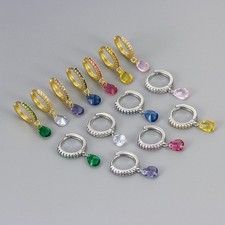 Women Gold Plated Silver Dangle Teardrop CZ Round Huggie Hoop 13mm Earrings PE65