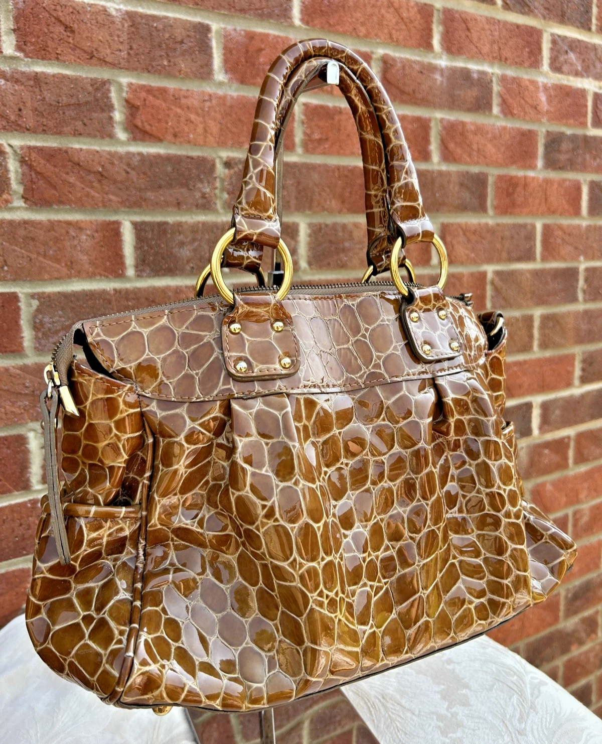 Vintage Real Leather Brown Patent Snake Croc Handbag Tote Top Handle Bag 70s 80s