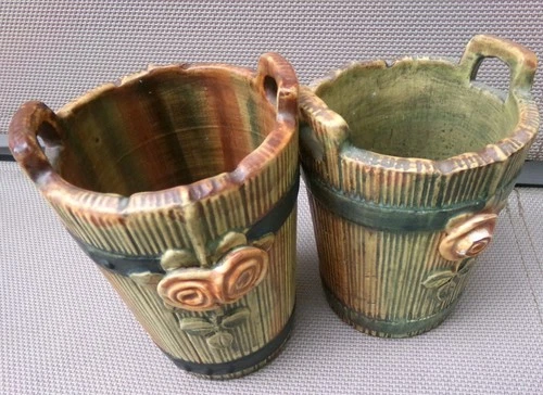2 LOT-Weller Pottery Art Vase Bucket Woodrose Barrel Vintage 5"  4 1/4"  tall