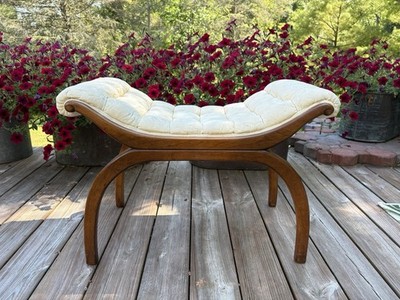 Antique Vintage Mahogany U-shaped Piano Vanity Bench Tufted Cream Upholstery 30 