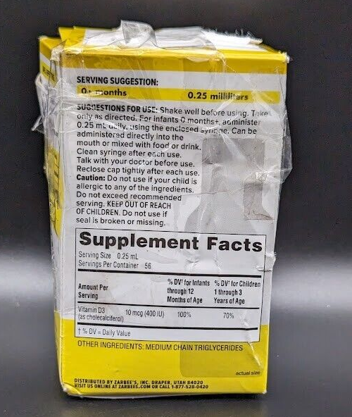 Zarbee's Vitamin D Drops Infants 400IU Baby Toddler Liquid Supplement