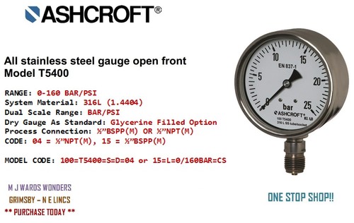 ASHCROFT T5400 Manómetros 4 "(100 mm) Dial 316L ACERO INOXIDABLE 1/2 "BSPP / NPT - Imagen 11 de 23