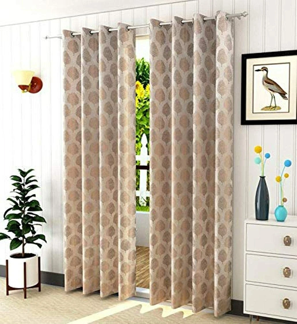 New 2 Piece Eyelet Long Crush Door Curtain Set - 9 feet Beige