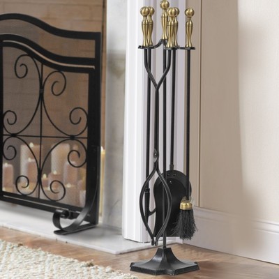 5 Pieces Fireplace Tools Sets Brass Handles Wrought Iron Fire