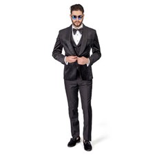 BLACK Shawl Lapel VELVET 3Piece Vested Slim Fit Tuxedo 1Button Black Pants AZAR