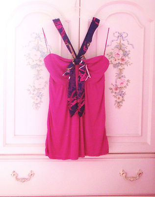 Sexy Express Blouse Large NWT Pink & Purple Scarf Print Strap & Bow Accent
