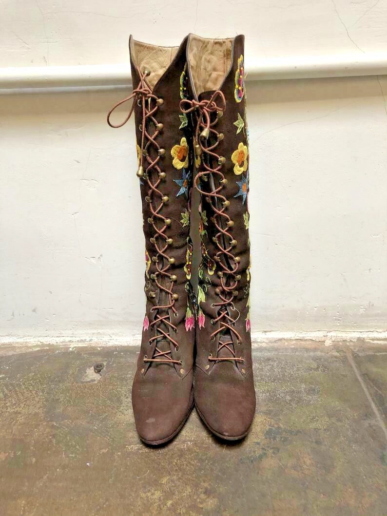Jerry Edouard Boots Vintage 60s 70s Brown Gold Floral Beaded