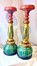 Rustic Folk Art Pillar Candle Holders Distressed Crackle Paint Metal Details