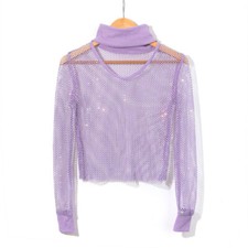 Ladies Hollowed Out Keyhole Top Glitter Rhinestone Tee Shirt Sheer Blouse Club