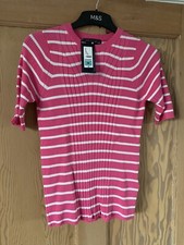 Marks & Spencer M&S Pink White Knit Short Sleeve Round Neck Jumper Size 8/10