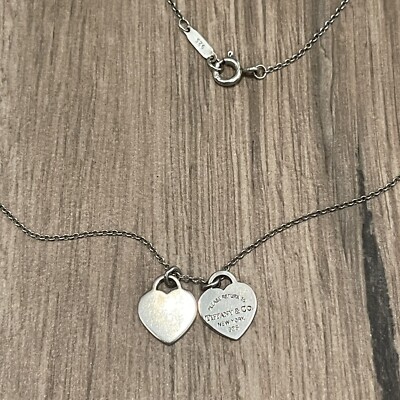 Return to Tiffany & Co 925 Silver Double Heart Tag Pendant Womens