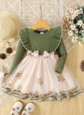 Mädchen Rüschensaum Langarm Schleife Gespleißtes Blume Mesh Tutu Kleid Für Klein