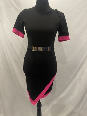 Vtg 90's Fashion Magazine Bodycon Black and Hot Pink Metal belt Dress Med  USA | eBay
