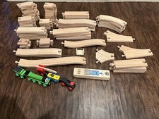 Lot wooden train track set, RARE Vintage 2-Story Ramp  Train Whistle 77pcs