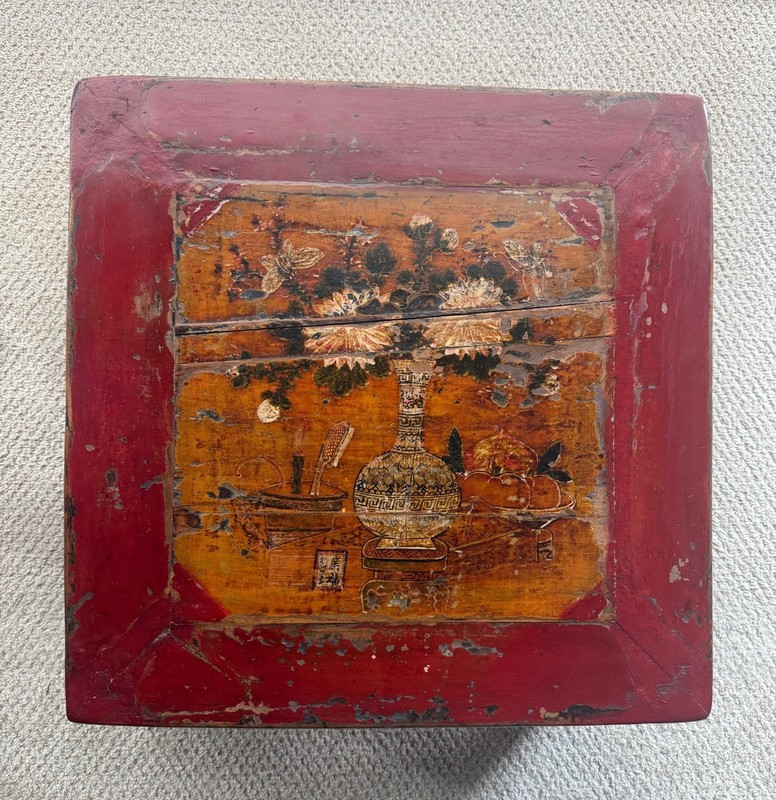 Antique Chinese Hand Painted Red Lacquered Wood Low Table 1890 - 1930