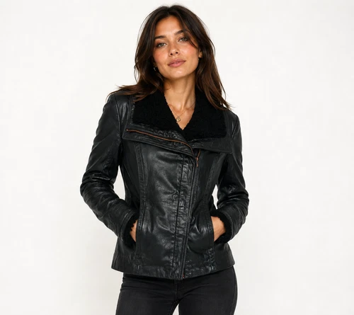 Ted Baker 100% Leather Shearling Jacket Black Floral Lined Womens Size 2 - VGC