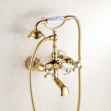 Vintage Gold Bath Shower Mixer Tap Wall Mounted Handheld Kit Brass Ceramic Handl