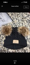 Toddlers Black Cable Knit Beanie One Size w/ Brown Faux Fur Pom Poms Logo