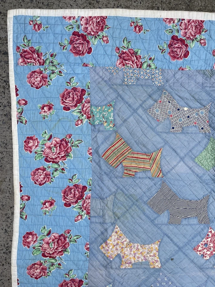 Vtg Quilt Hand Quilted Blue Scottie Dog Red Roses Floral 1930s 62x74 - Image 3 of 4