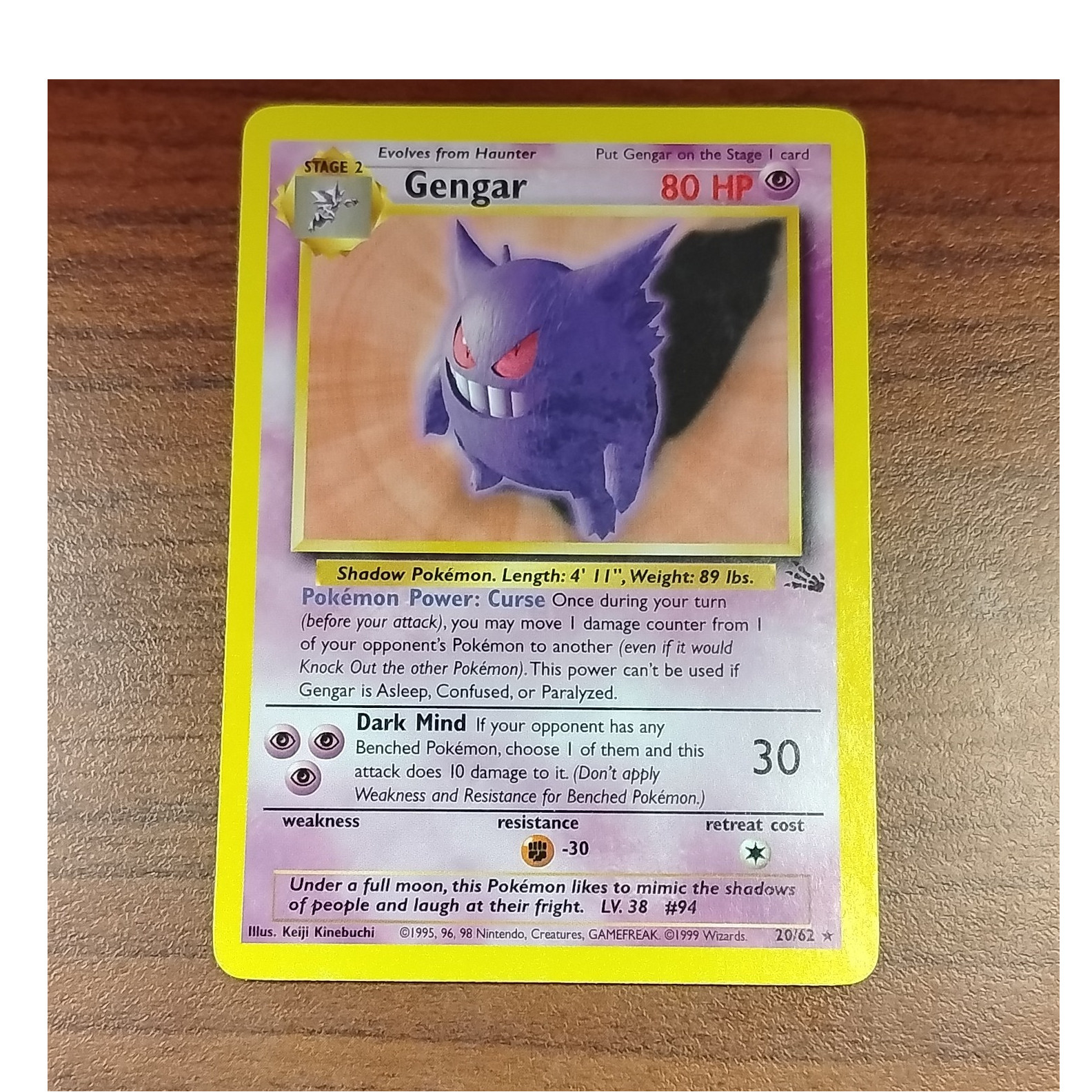 Pokémon Gengar 20/62 Fossil NM Rare Regular Card Stage 2 HP80 1999