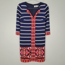 Eliza J Size 2P Shift Dress 3/4 Sleeve Stretch Striped Navy White Pink Orange