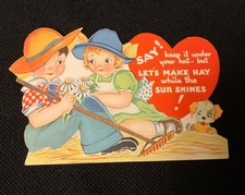 Vintage Farmer Couple & pup in hay Stack Valentine Card c. 1940s Carrington