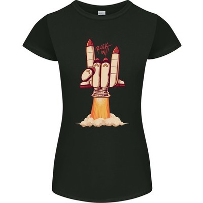 Rock On Gruß Lustig Raum Rakete Schiff Damen Petite Schnitt T-Shirt