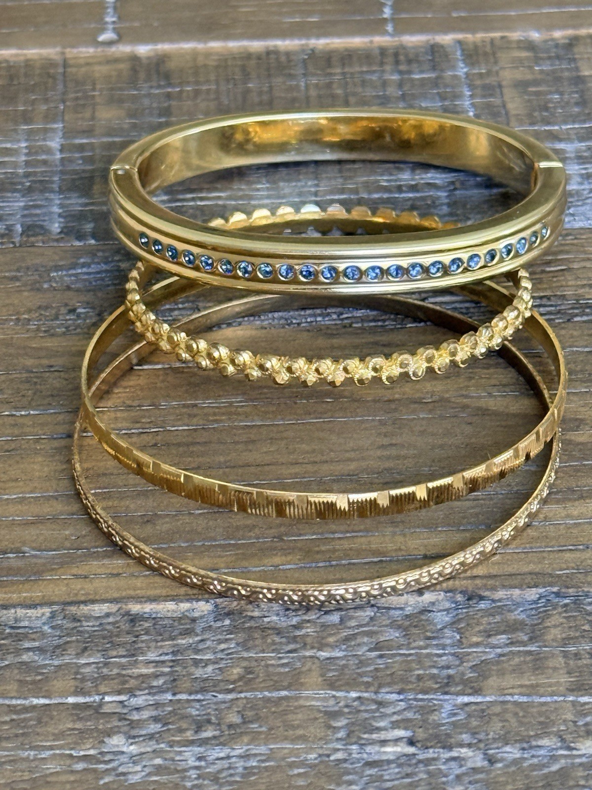 Gold Tone Stackable Bangle Bracelet Set Hinged Fa… - image 11
