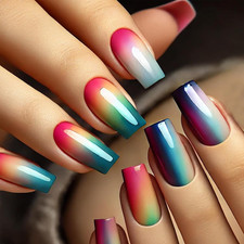 Ombre Press on Nails Colorful Gradient Smudge Fake Nails Medium Square False Nai