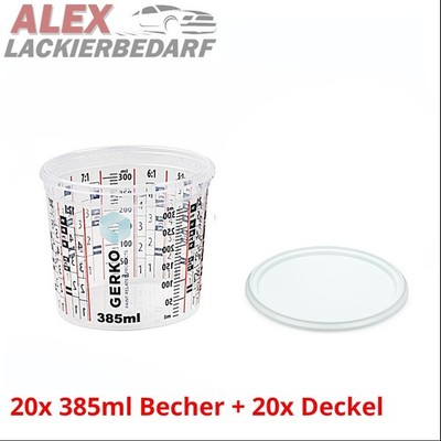 20x 385ml GERKO Mischbecher + Deckel Meßbecher mit Skala Autolack