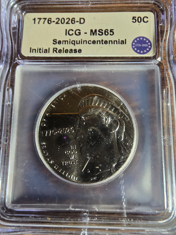 1776-2026-D ICG Graded MS65 Initial Release Half Dollar SemiQuincentennial 50C.