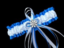 Wedding Garter Royal Blue White Silver Satin Rhinestone Prom Bridal Floral Toss