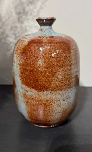 Signed Studio Crafted Pottery - G. F. Cole Ribbed Bud Vase Brown Blue Vintage NC