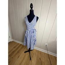 Mango Casual Blue White Striped Sleeveless Faux Wrap Dress Size 2 XS Nautical