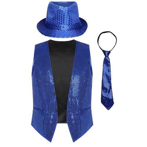 Men Sequined Waistcoat Sleeveless Vest with Hat and Necktie Carnival Disco Party - Picture 50 of 71