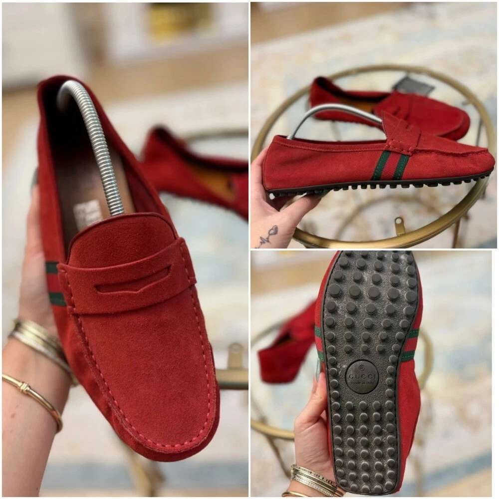 Chaussures mocassins homme AUTH Gucci en daim rouge conducteur GRG détail Web 407411 US9,5