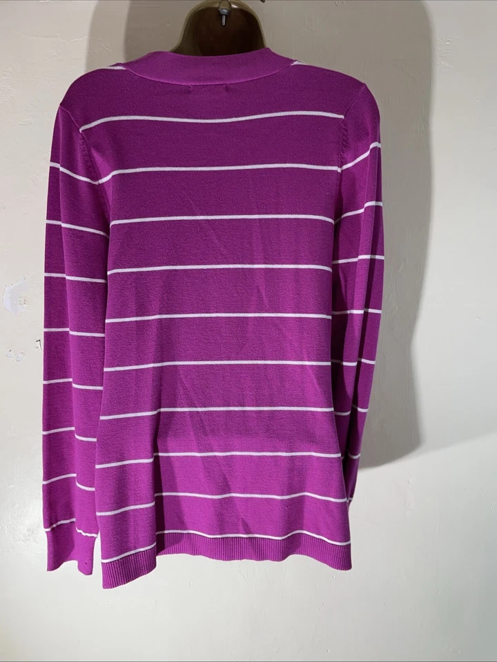 Cárdigan elástico para mujer Linea mediano rosa fucsia tejido fino manga larga cuello en V Foto 3 de 4