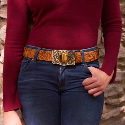 Patricia Nash Roseanna Stone Buckle Tooled Leather Belt  display picture 1