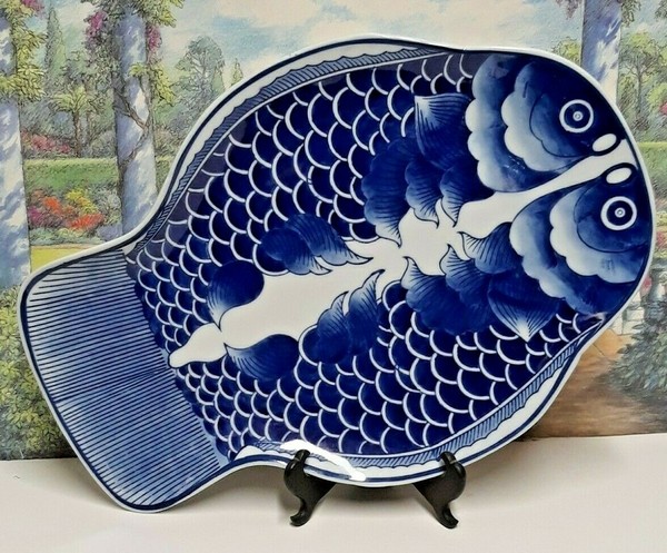 Beautiful Blue and White Asian Double Koi Fish Ceramic Large Serving Platter